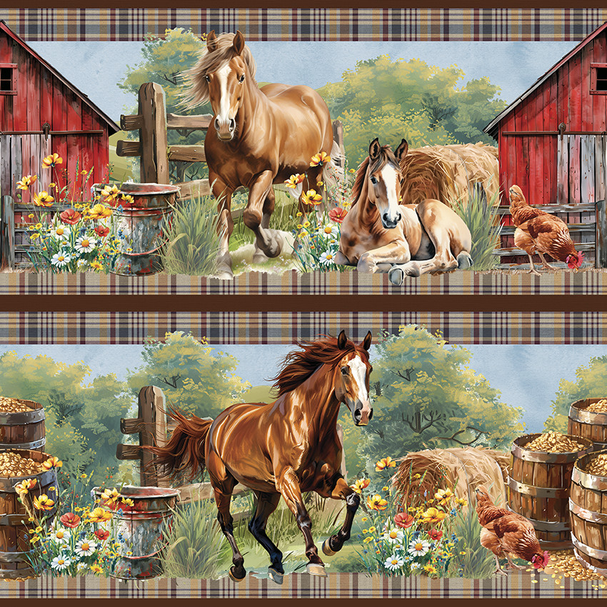 Tricoline Digital Barrado Cavalos na Fazenda, 50cm x 1,50m