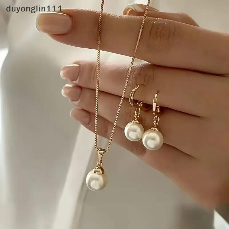 (duyonglin111) Conjunto De 2 Peças De Joias De Pérolas Redondas , Brincos , Pingentes , Colares , Casamento Requintadas 