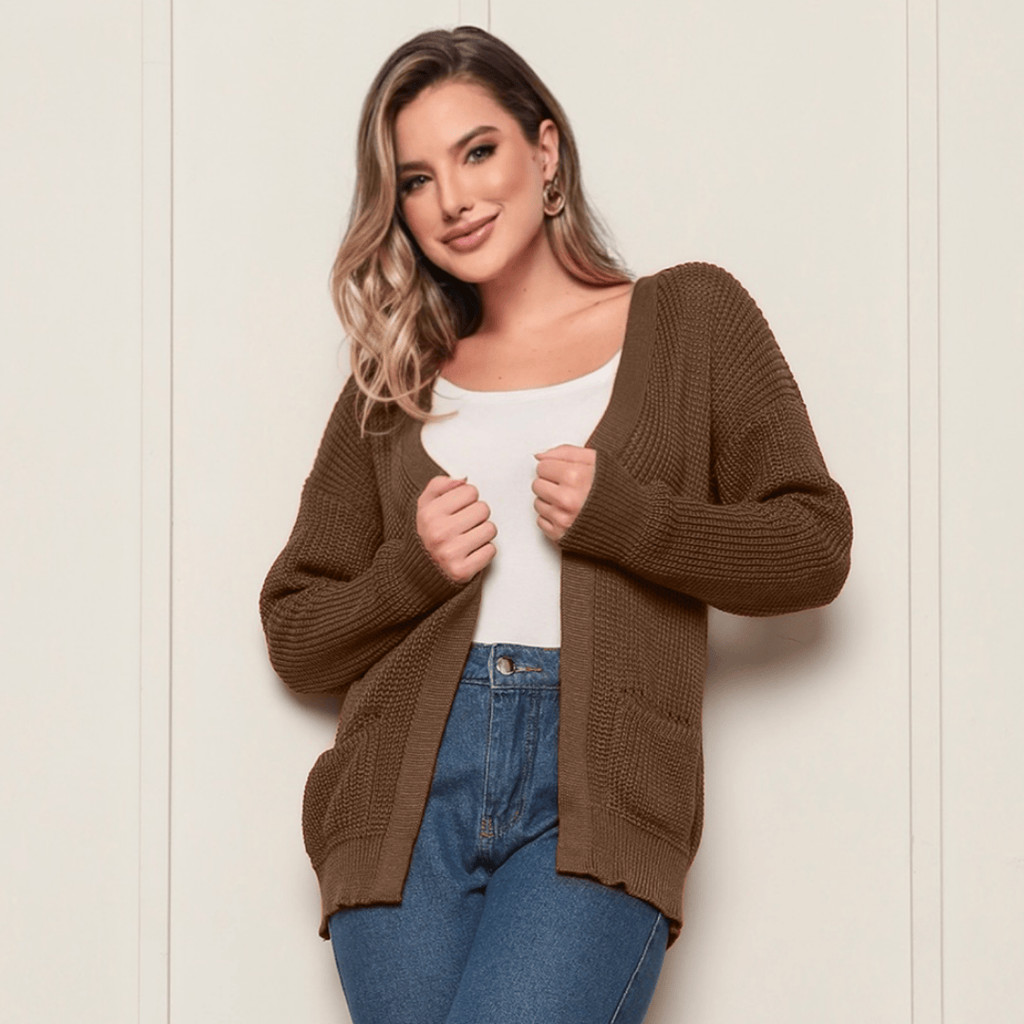 Cardigan Tricot Fang com Bolso Kimono Trico Casaco Frio Inverno Feminino Elegante Manga Longa Liso