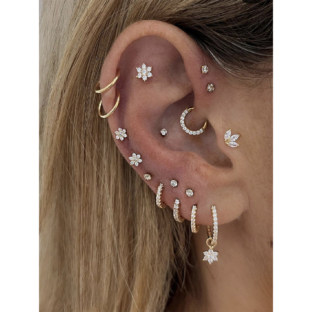 XUYU 17 Pcs Charme Feminino Mini Zircão Sintético Flor Folha De Bordo Multi Perfurado Brinco Conjunto Festa Festival De em Oferta na Shopee