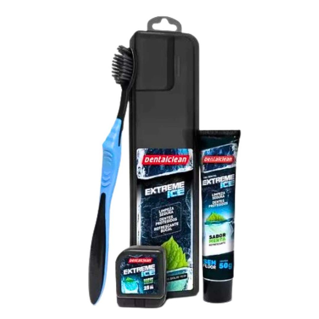 Escova de Dente 3 Em 1 Gel Dental Fio Dental Extreme Ice Kit Estojo Azul Saúde Bucal Adulto