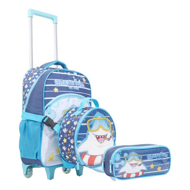 Kit Infantil Mochila Rodinha Tubarão Lancheira Estojo Escola Baby Shark