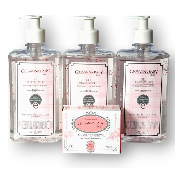 Kit 3 Álcool em Gel Higienizante + Sabonete em Barra Vegetal Giovanna Baby Classic 90g