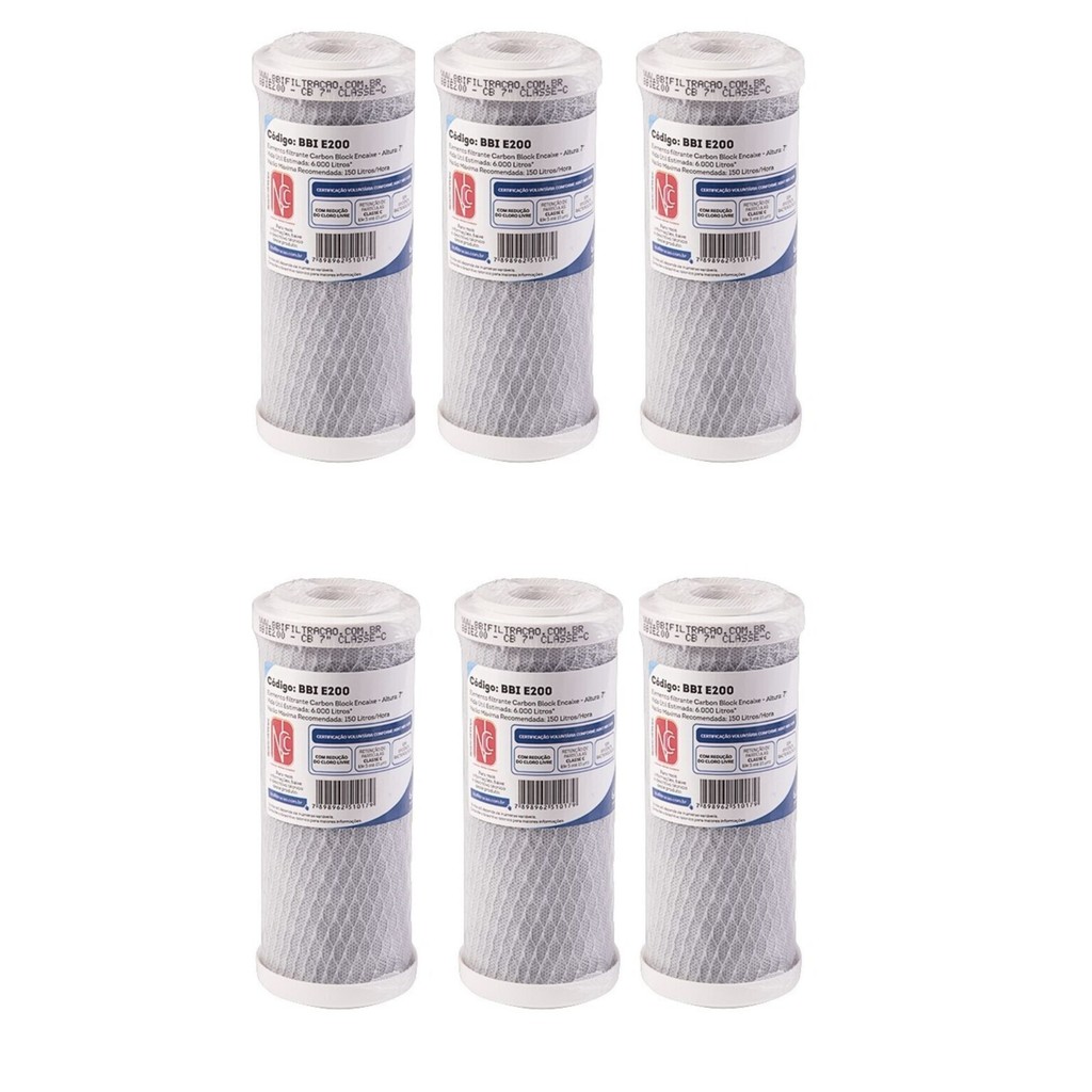 KIT 06 UN Refil BBI E200 7" Encaixe Carbon Block Compativel Fortlev Hidrofiltros Acquabios Equation