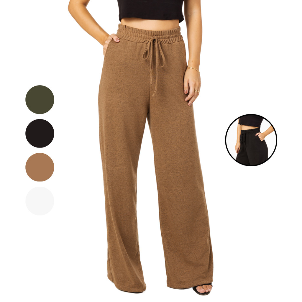 Calça Pantalona Social Feminina cintura Alta com Bolso e Elástico na Cintura