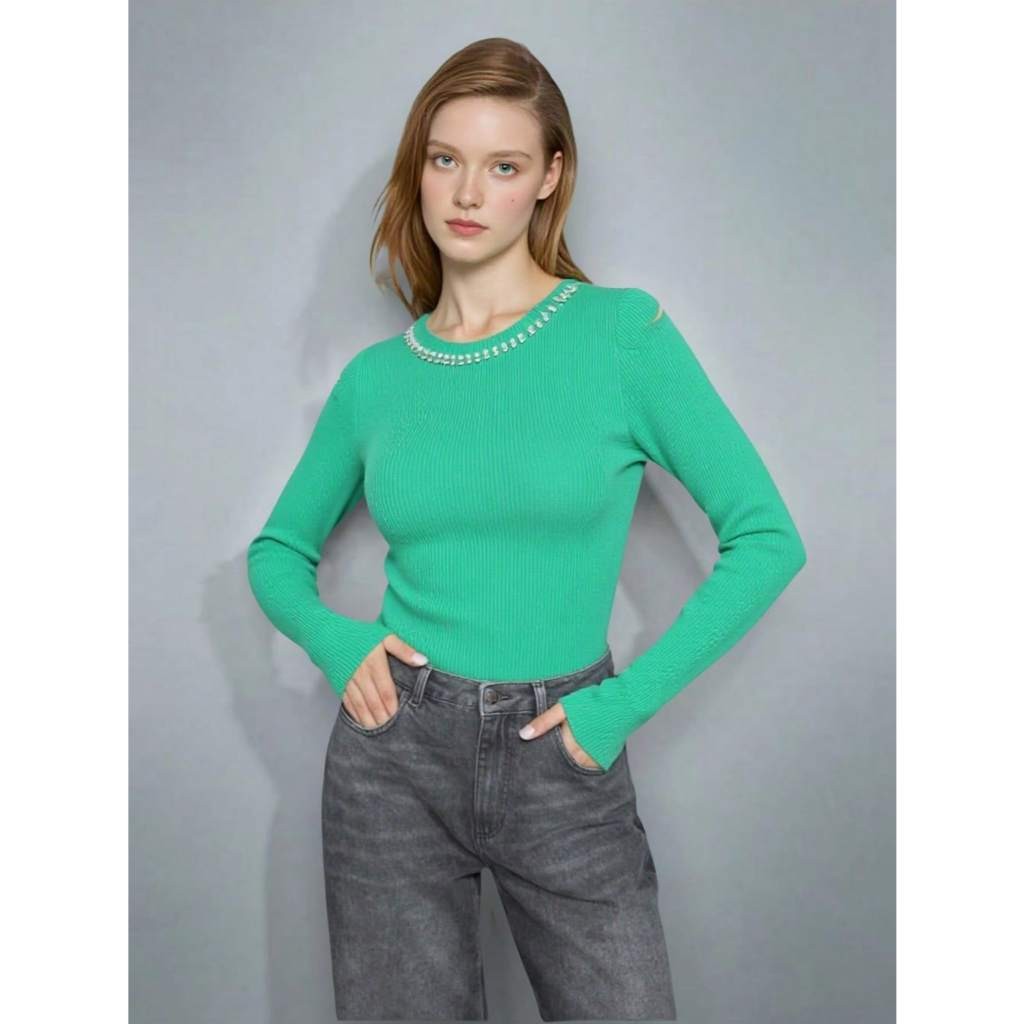 Blusa feminina lisa estilo modal com corrente novidade sueter bolinho manga longa inverno tricot lançamento confortavel