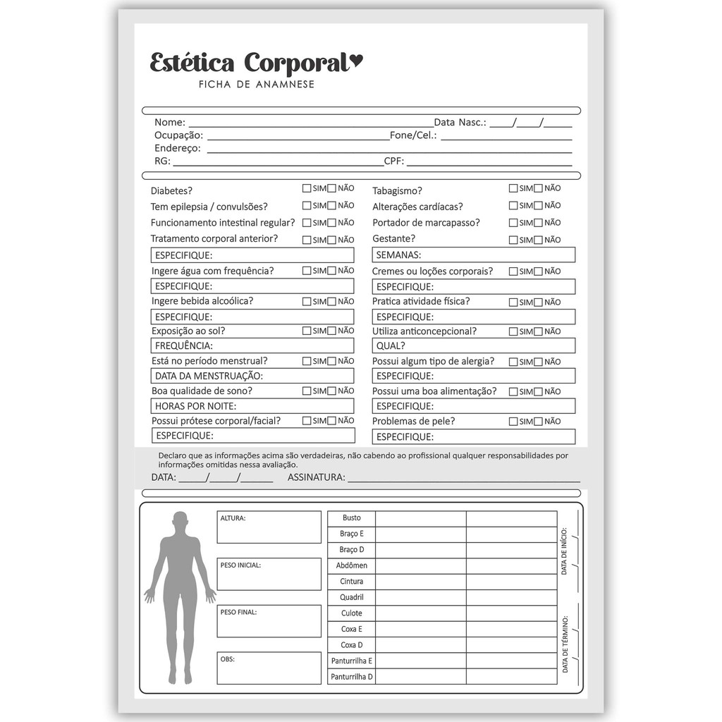 Ficha de Anamnese Blocada - Estética Corporal em Oferta na Shopee