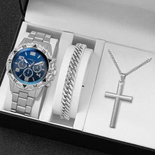 Relógio De Quartzo De Aço Masculino E Conjunto De Cruz Dourada , Joias Casuais De Negócios , Combinação De Presente De L em Oferta na Shopee