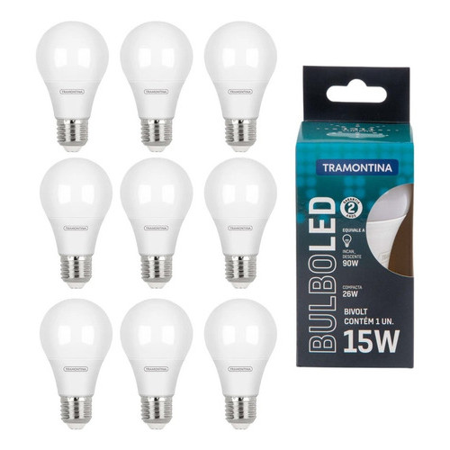 Kit 10 Lâmpadas Led Bulbo 15w E27 6500k Bivolt - Tramontina Cor Da Luz Branco-Frio 110v/220v em Oferta na Shopee
