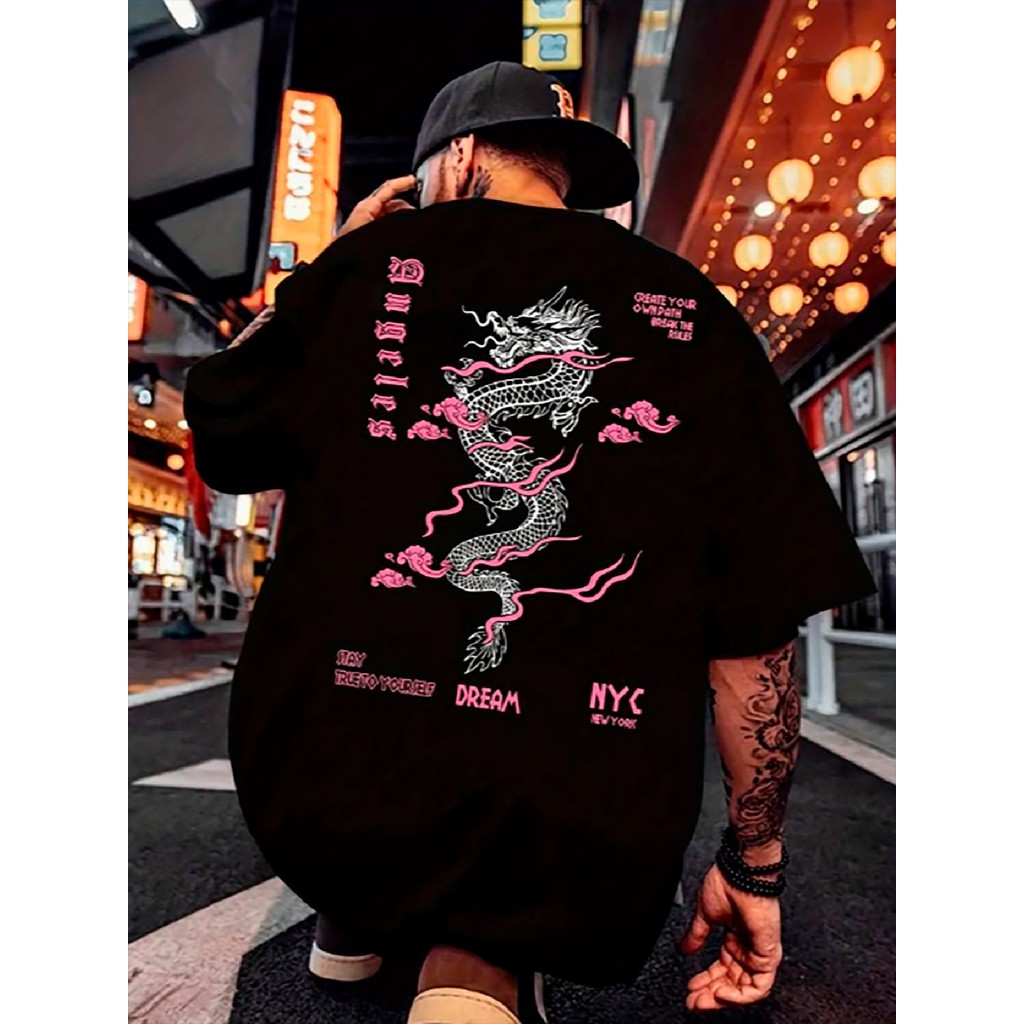 Camiseta Unissex Sidecoat   Oversize com Estampa de Dragão Rosa Chines Boa Qualidade camiseta anime camiseta