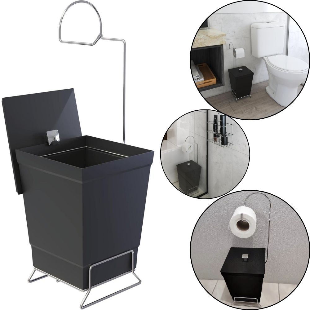 Lixeira Preta 6,5L Stolf com Suporte para Papel Higiênico
