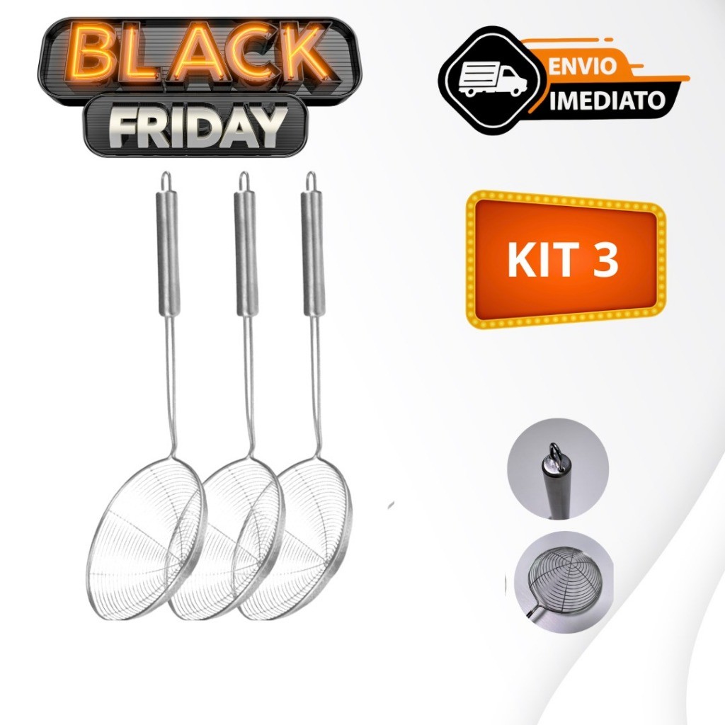 Kit 3 Escumadeira Fritura Aramado Batata 33cm Inox Batata Pastel Resistente