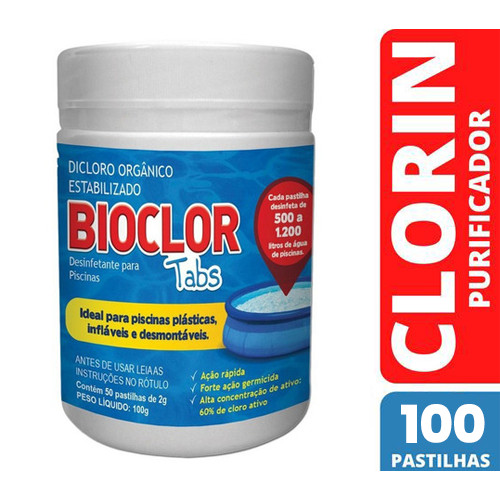 Clorin Bioclor Tabs Piscina Inflável Plástica 100 Pastilhas com NF