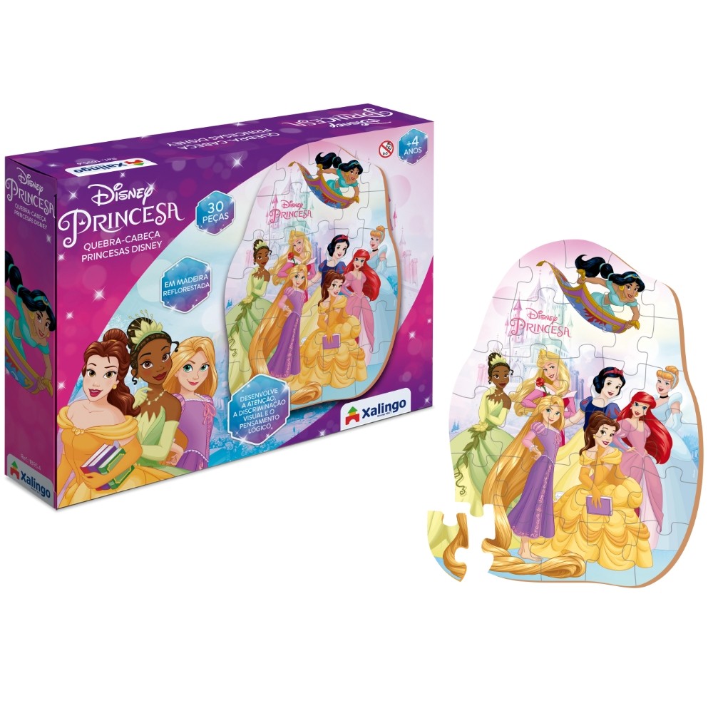QUEBRA CABEÇA PRINCESAS DISNEY 30 PEÇAS MADEIRA REFLORESTADA XALINGO PUZZLE CRIANÇA FILM JOGO MENINA