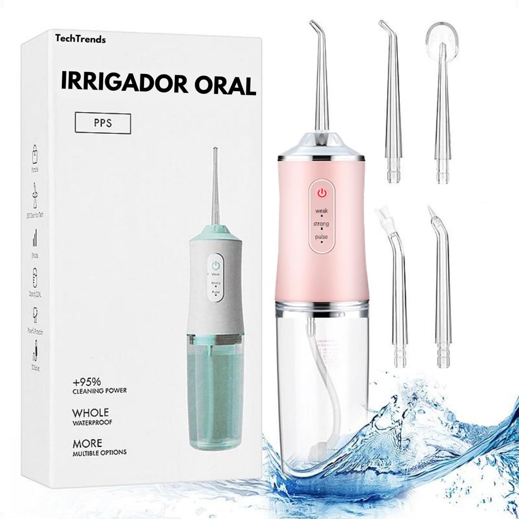 Irrigador Oral Limpeza Profunda Jato D'àgua Supersônico 3 Modos Tanque de 220ML Rosa Premium