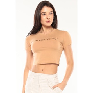 Camiseta Cropped Feminina Logo em Silk Planet Girls Bege Médio em Oferta na Shopee