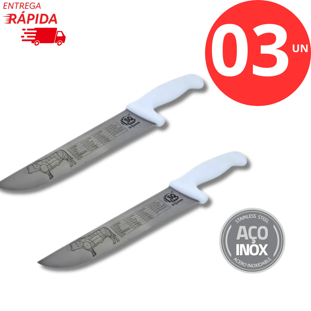 KIT Faca Cabo Branco Açougueiro 8'' Polegadas Aço Inox Pra Açougueiro Para Açougue Churrascaria