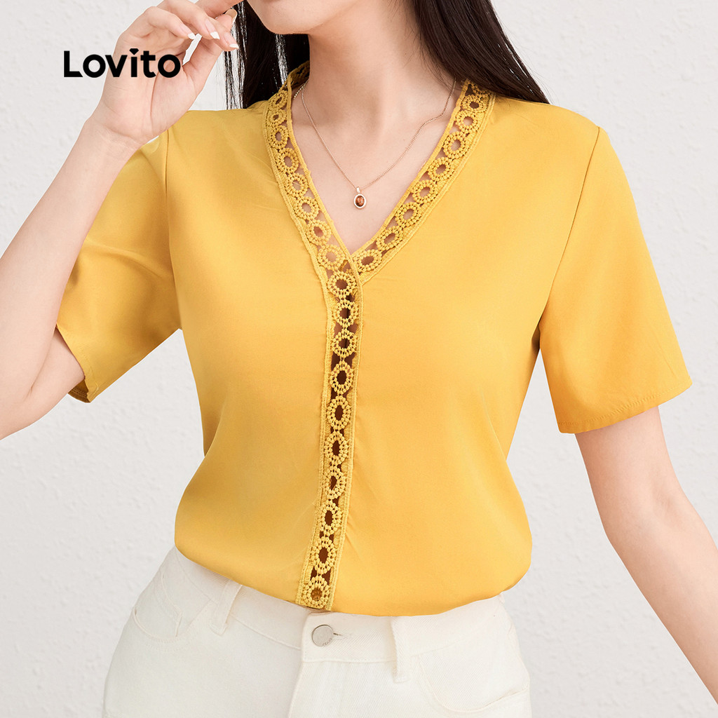 Lovito Blusa Casual Gola Contrastante Tecido Costura Ilhó Bordado Blusa De Verão/Primavera Para Mulheres L124AD955 em Oferta na Shopee