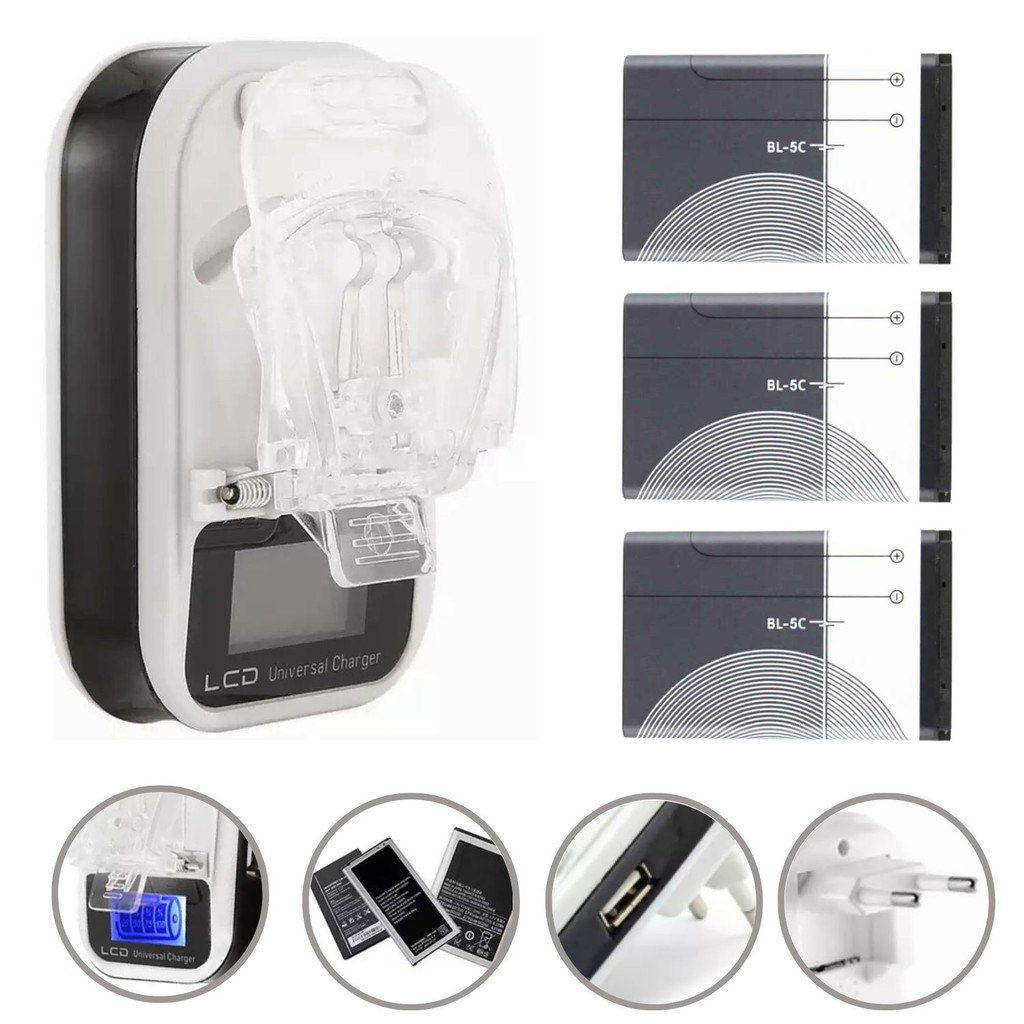 Carregador de Bateria Universal Externo + Bateria BL-5C com USB e luz de Led indicativa.