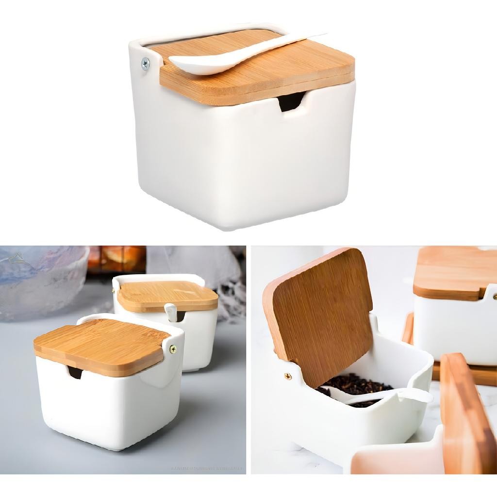 Saleiro Porcelana Premium Mesa Colher Tampa Bambu 300gr em Oferta na Shopee