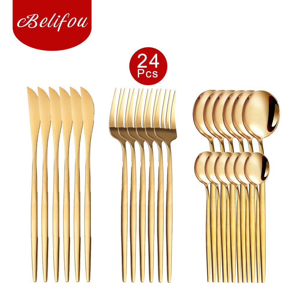 Belifou Kit 24/48 Jogo De Talheres Aço Inoxidável 416 Dourados Conjunto de tabela