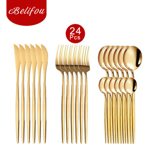 Belifou Kit 24/48 Natal Jogo De Talheres Aço Inoxidável 416 Dourados Conjunto de tabela em Oferta na Shopee