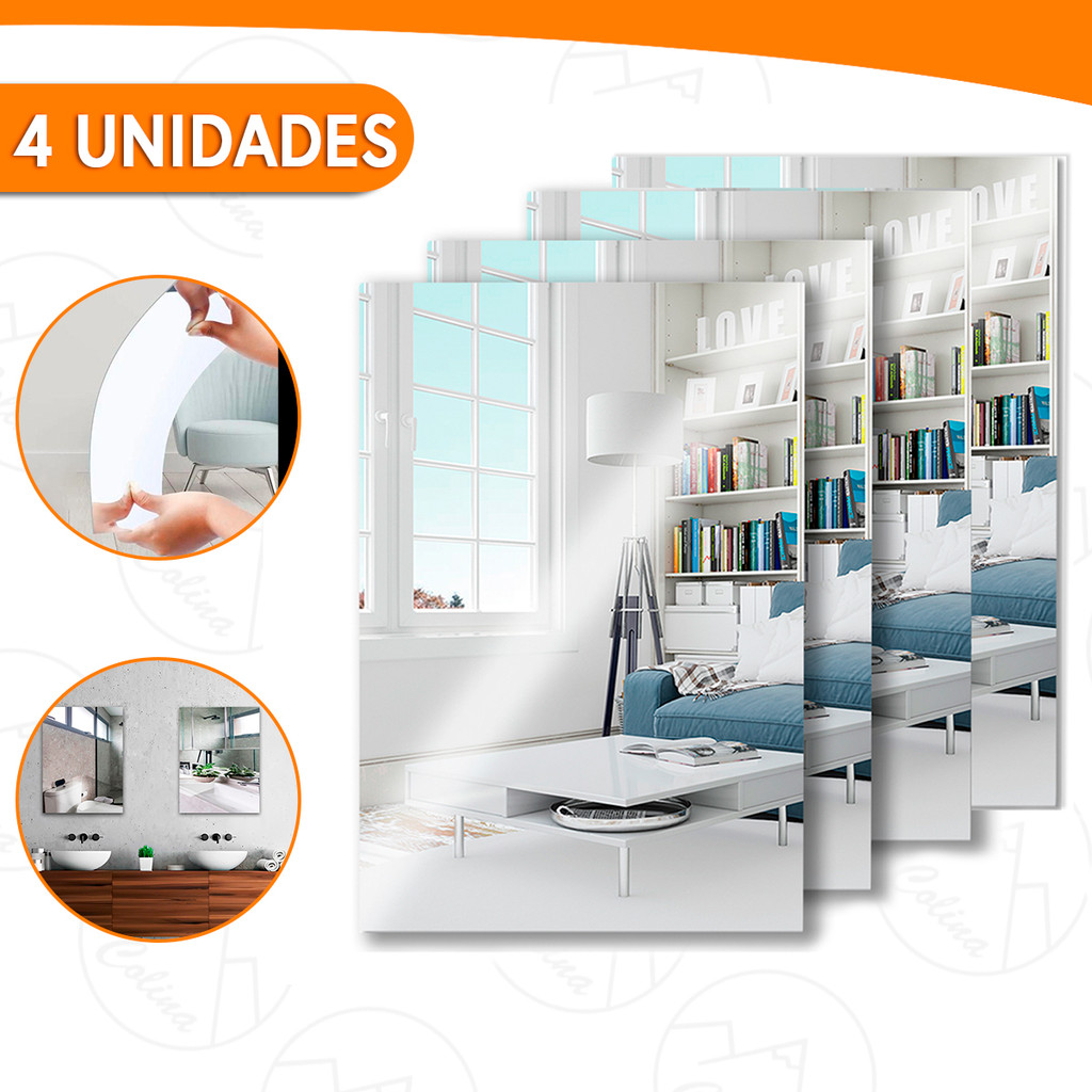Kits Até 4 Espelhos Auto Adesivo Acrilico Decorativo 20x30 Retangulares
