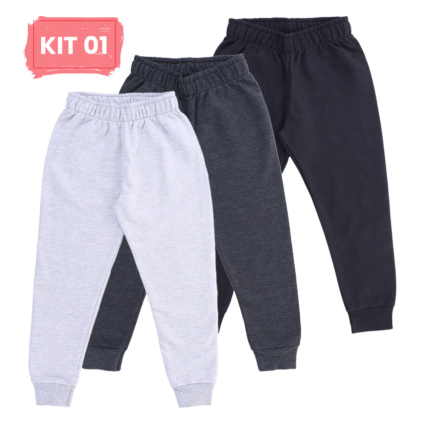 Kit Calça Moletom Infantil Flanelado com Punho Kyly – Tamanhos 1 ao 3 em Oferta na Shopee