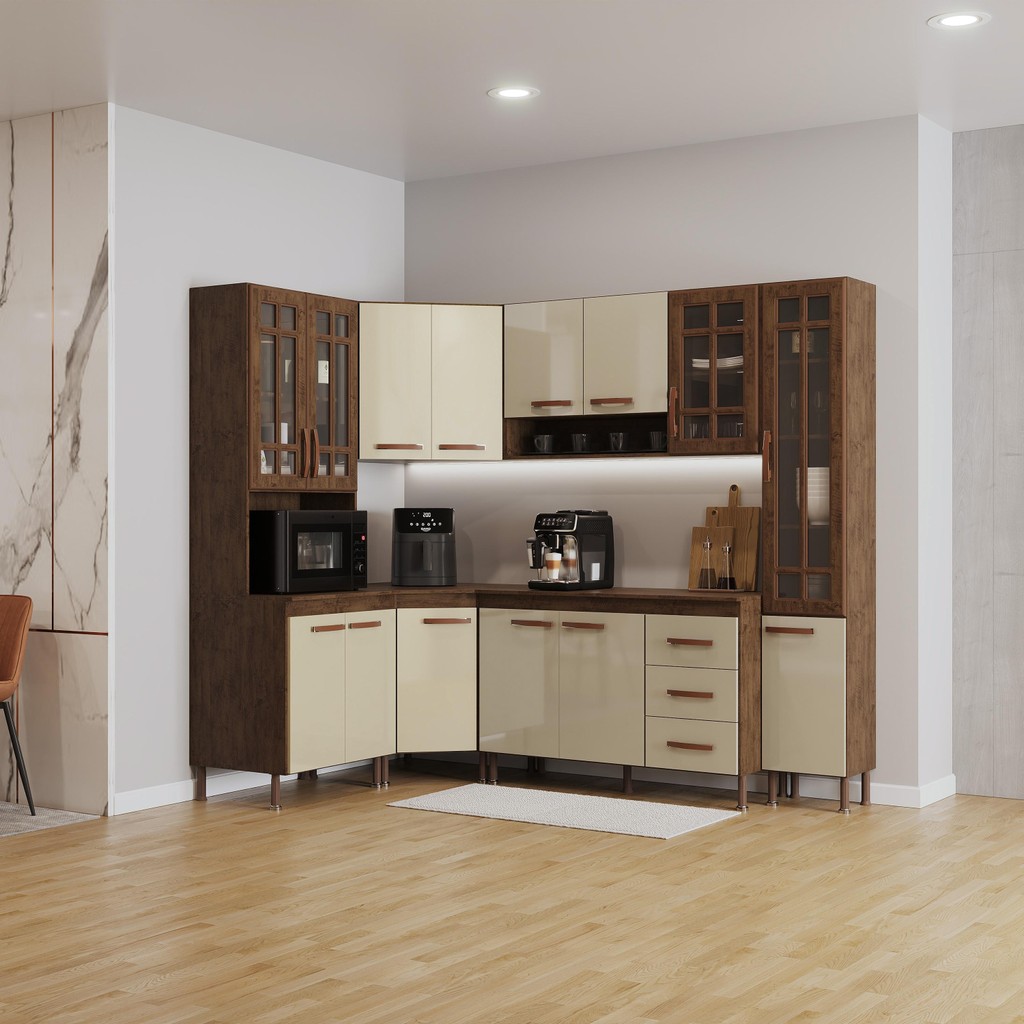 Cozinha Modulada Completa Fidelitá Lisboa 6 Peças 375cm 14 Portas 3 Gavetas Com Tampo Noce/Off-White em Oferta na Shopee