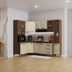 Cozinha Modulada Completa Fidelitá Lisboa 6 Peças 375cm 14 Portas 3 Gavetas Com Tampo Noce/Off-White