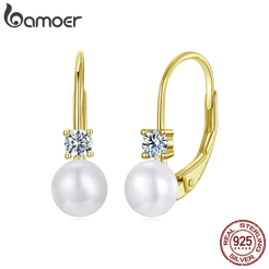 Bamoer 925 Sterling Sliver Hoop Brincos Moissanite Pérola Cor Dourada Joias Presentes Para Mulheres