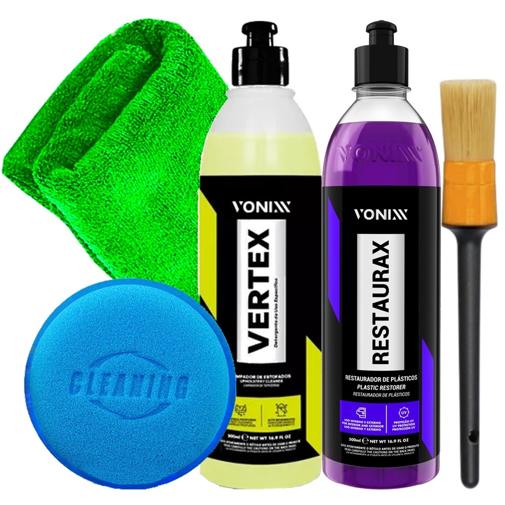Kit Vonixx Limpeza Automotiva Limpa Estofados Vertex Revitalizador Plástico Restaurax Toalha Microfibra Aplicador Karbox