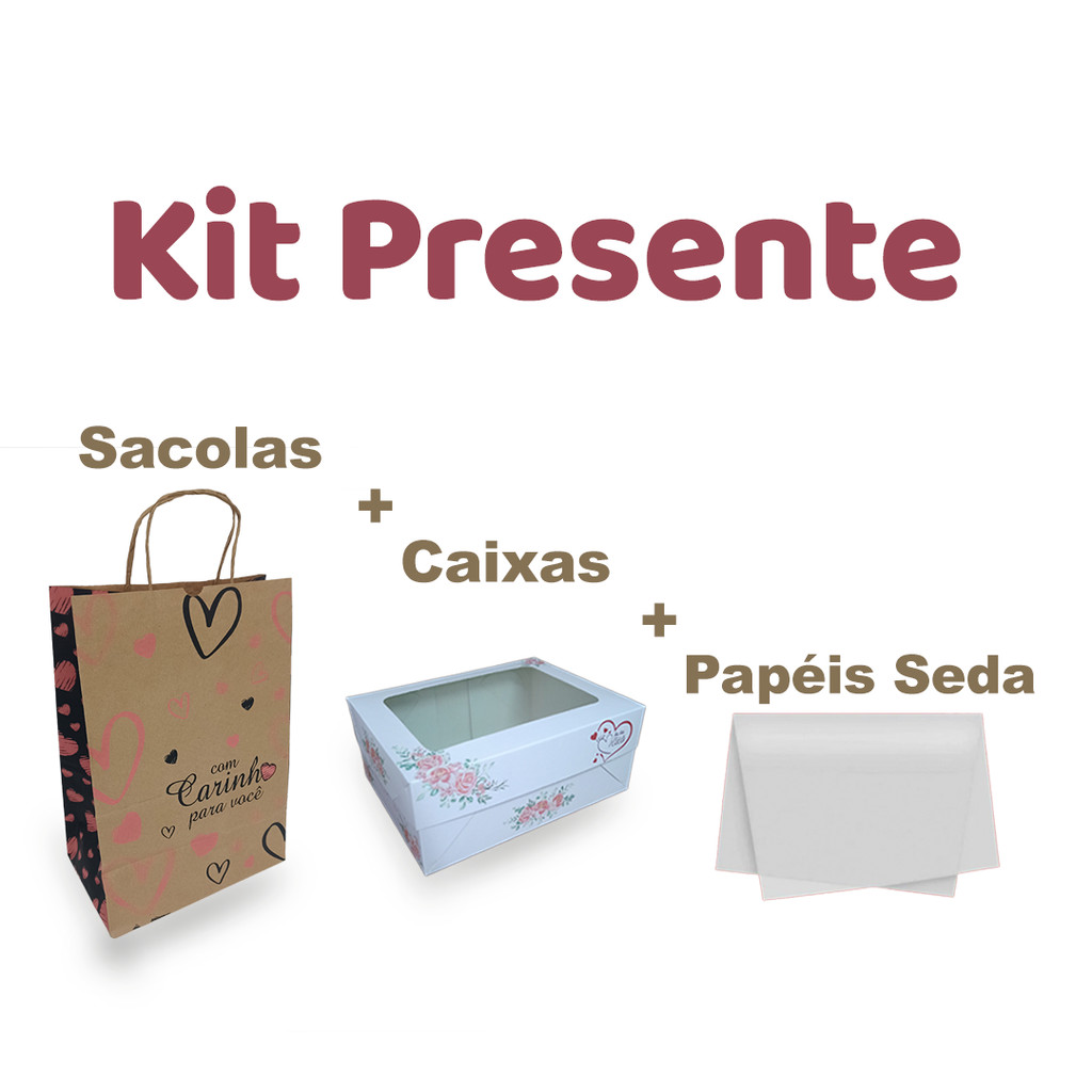 Kit Dia das Mães: Sacola Kraft + Caixa com Visor + Papel Seda | Embalagem 19x14x8cm para Presentes em Oferta na Shopee