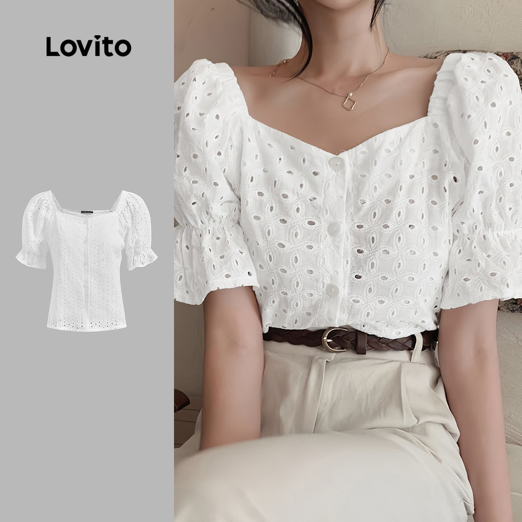 Lovito Blusa Boho com bordado de ilhós lisos para mulheres L129AD023 - Women Clothes
