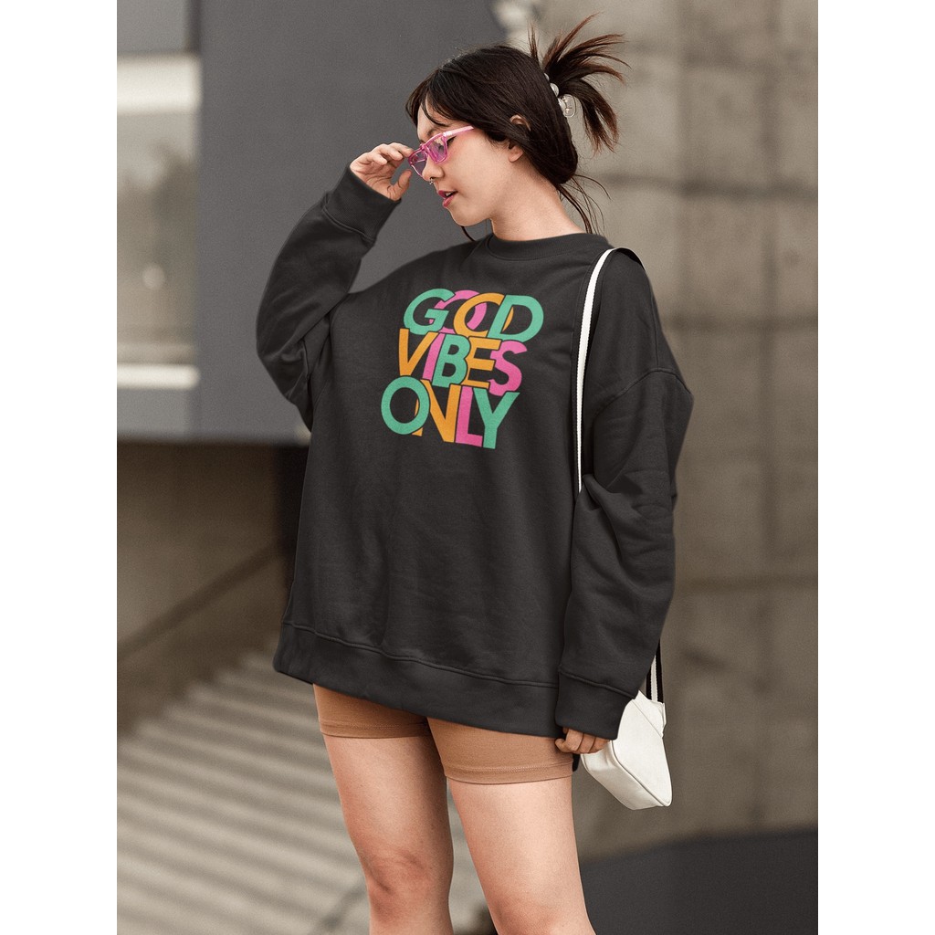 Moletom Blusa de Frio Básico Estiloso Feminino Estampado Gola Redonda Confortável 100% Algodão - Good Vibes Only