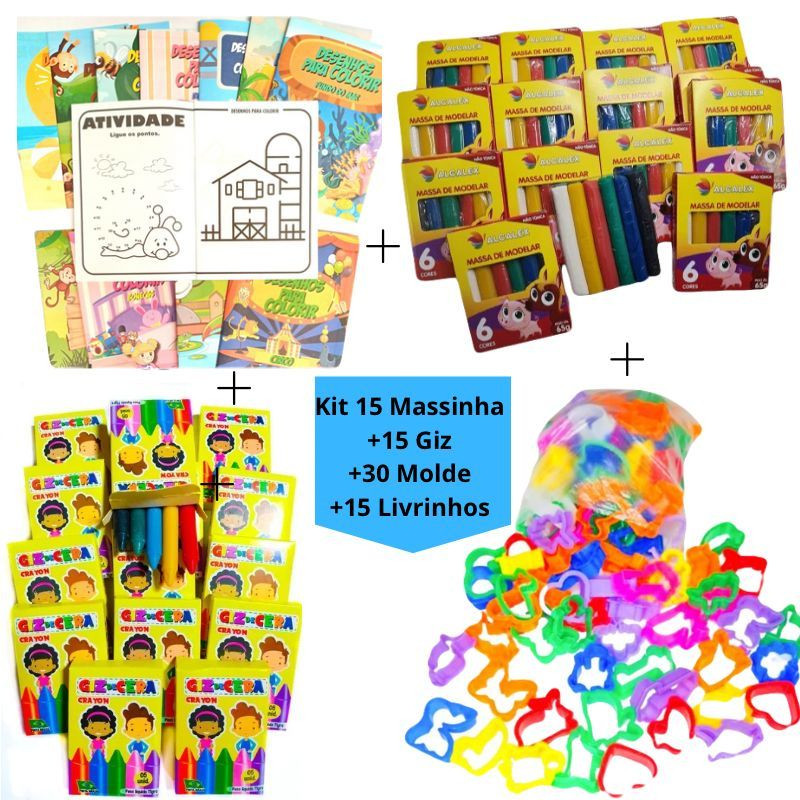Kit 15 Cx Massinha de Modelar + 15 Cx Giz Cera +30 Molde + 15 Livrinhos Colorir Lembrancinha Infantil