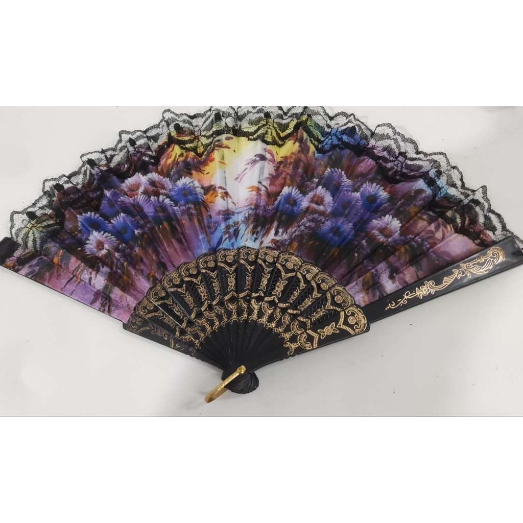 Leque De Mão Tecido Estampado Com Renda Preto Leques  Cigano Tecido Floral Estampado Chique Barato Resistente Luxo em Oferta na Shopee