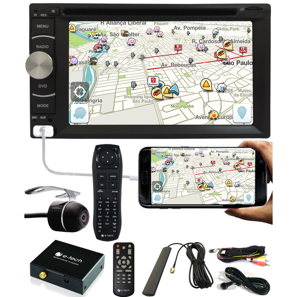DVD Player 2 DIN E-Tech + Câmera Ré + Receptor TV Digital