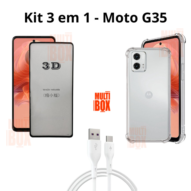 Kit Cabo Carregador Tipo C + Capa + Película de Vidro em 3D para Motorola NOVO Moto G35  5G
