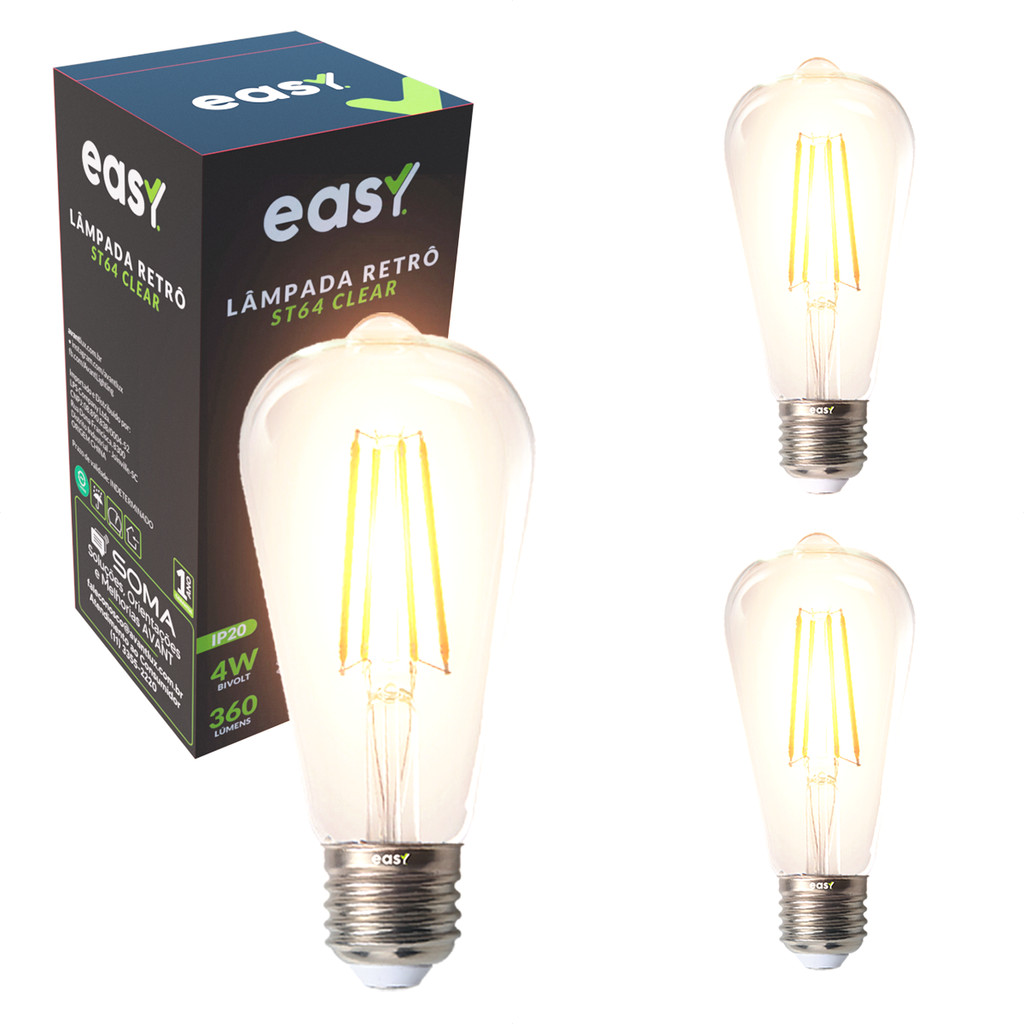 Kit 3 Lampadas Led ST64 Clear 4w 2400k E27 110v/220v Easy