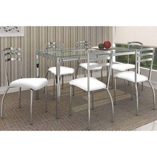 Sala de Jantar Completa Reno c/ Tampo de Vidro 150x80cm e 6 Cadeiras Portugal Cromada/Branco 106 - Kappesberg em Oferta na Shopee