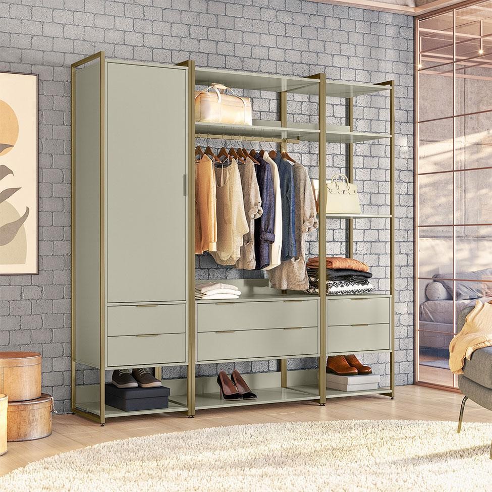 Guarda-Roupa Closet Industrial Mital 1 PT 6 GV Off White e Dourado - Home & Living