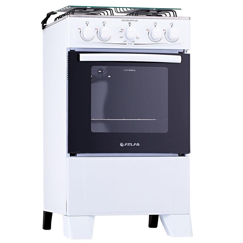 Fogão Atlas 4 Bocas Coliseum Plus com Mesa de Inox, Forno com Amplo Visor e Acendimento Manual – Branco Bivolt - Home Appliances