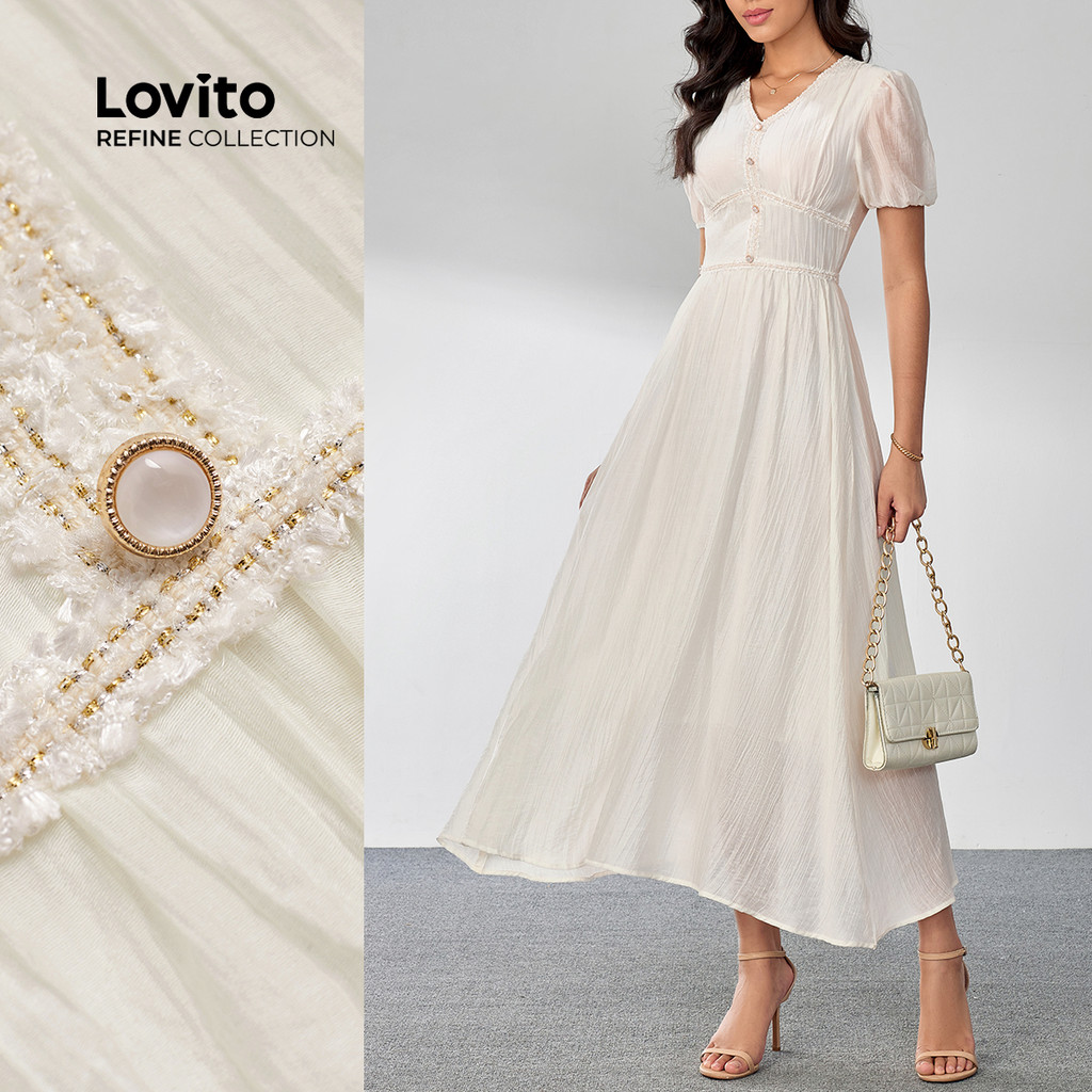 (Lovito Refine) Vestido elegante com trança de botão liso para mulheres LR4LD073 - Women Clothes