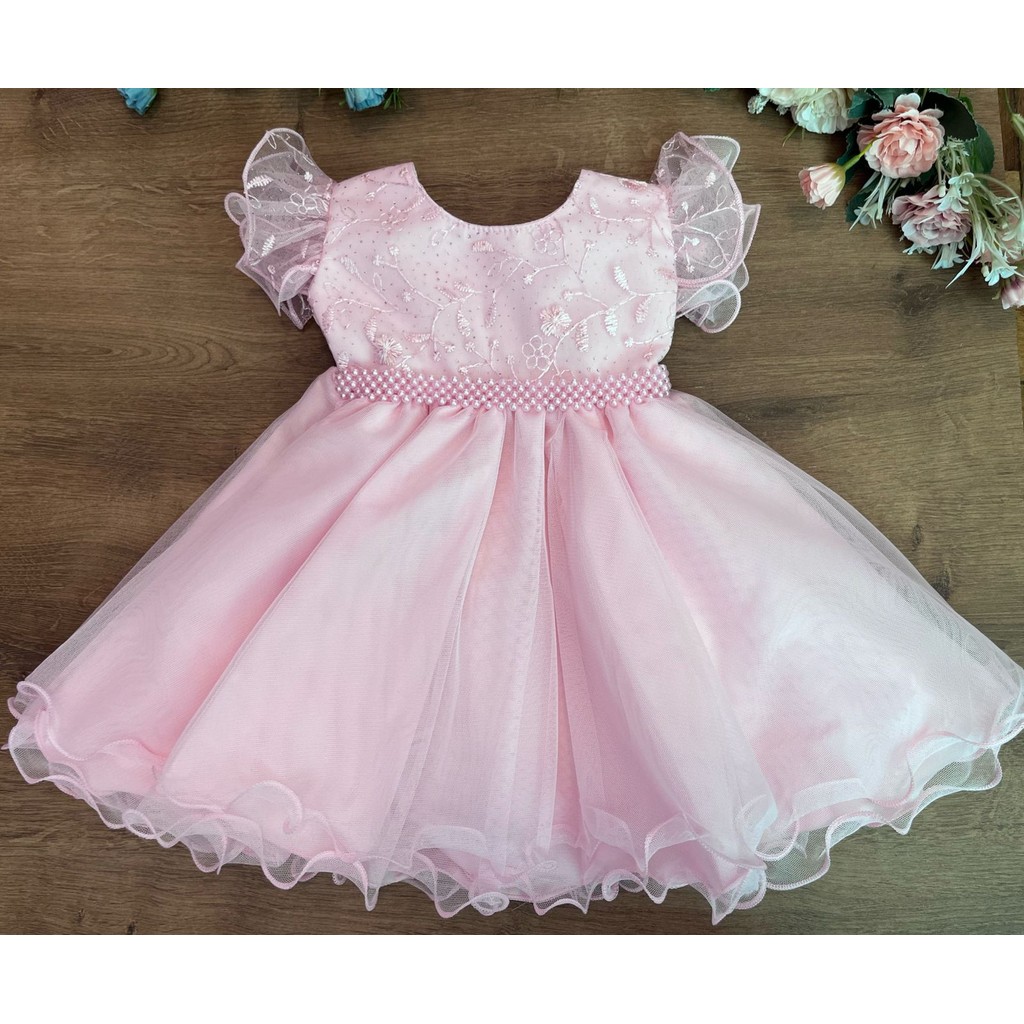 Vestido festa infantil rosa luxo bebe realeza batizado RN  12 meses