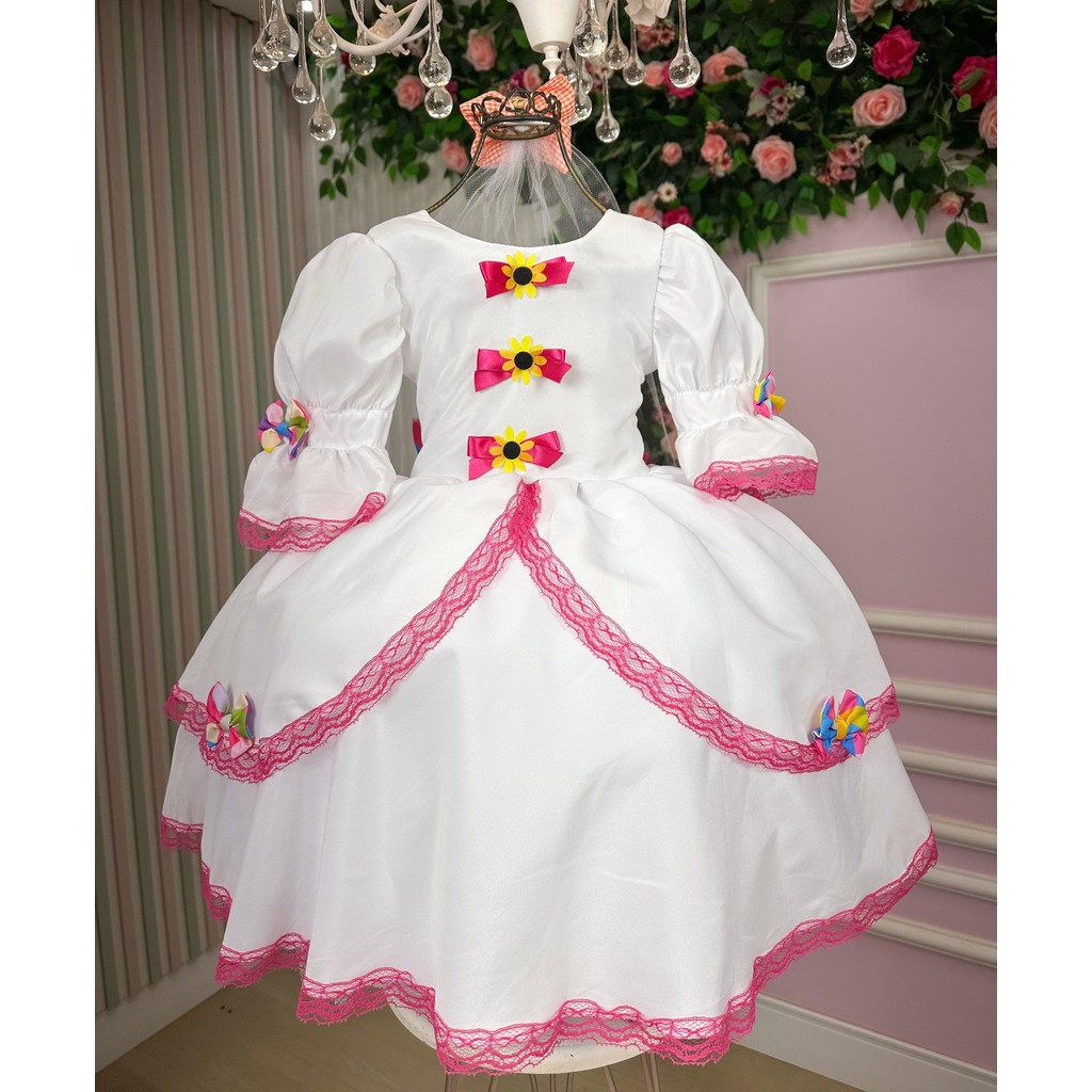 Vestido Junino Infantil Noiva Luxo Lacinhos Branco Festa Caipira Banana Club