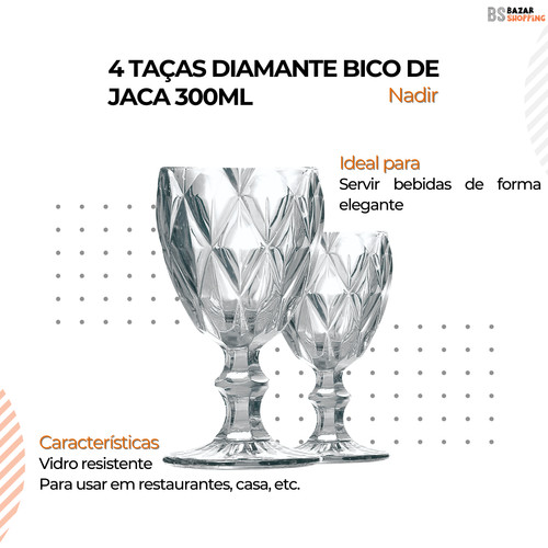 Jogo de Taças Água e Vinho Diamante Bico de Jaca 300ml 4 Unidades em Vidro Elegante e Sofisticado — imagem 2 de 2