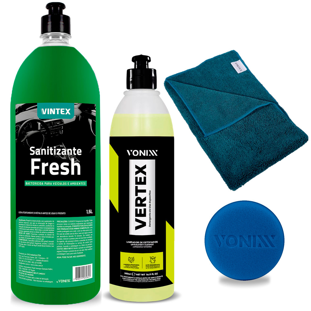 Limpador De Estofados Vertex + Sanitizante Fresh + Microfibra