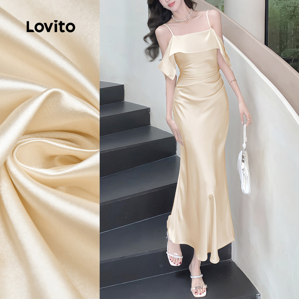 Lovito Vestido Glamouroso Lisa Plissado com Babado para Mulheres L129AD1408 - Women Clothes