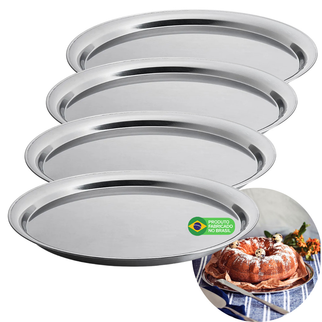 Bandeja Travessa Rasa Redonda de Aço Inox 29x3cm Multiuso Bar Restaurante Buffet Kit 4 Unidades